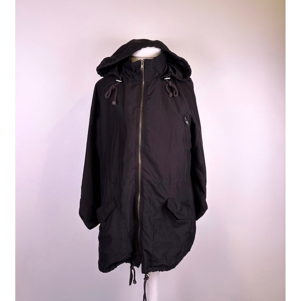 IRIS Los Angeles Women's M Black Hooded Utility Parka Jacket Roll Tab Sleeve S